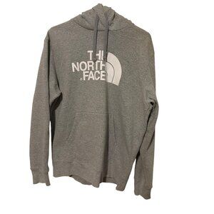 The North Face Gray Pullover Hoodie Kangaroo Pocket White Front Graphic Sz L